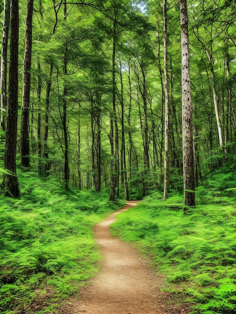 Uma floresta com um caminho cercado por árvores e a palavra floresta