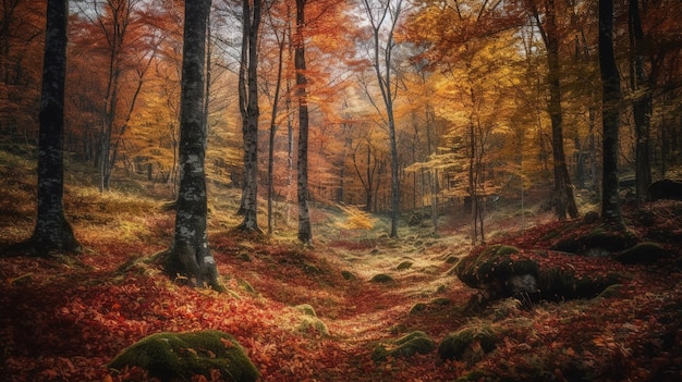 Uma floresta com um caminho coberto de folhas