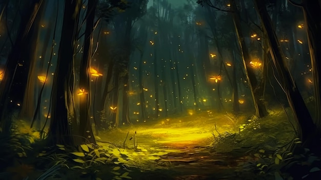 Uma floresta com um caminho com vaga-lumes