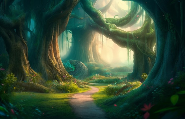 Uma floresta com um caminho e árvores ao fundo