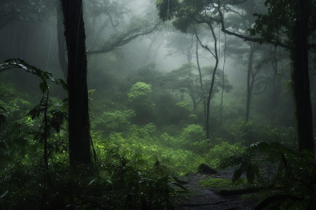 Uma floresta com um caminho e árvores ao fundo