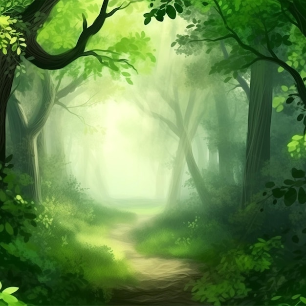 Uma floresta com um caminho e árvores