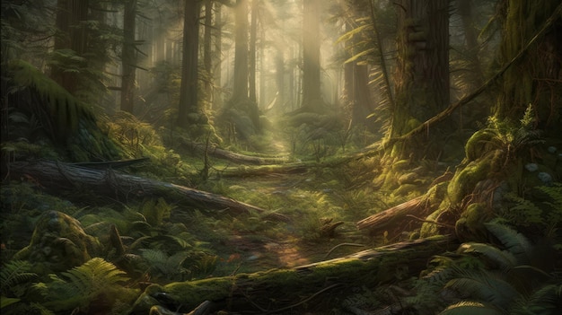Uma floresta com um caminho iluminado