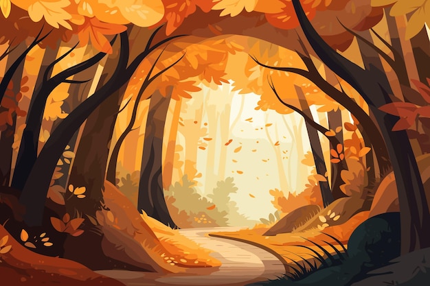 Uma floresta com um caminho no outono.