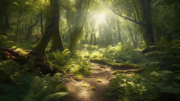 Uma floresta com um caminho que tem a palavra floresta