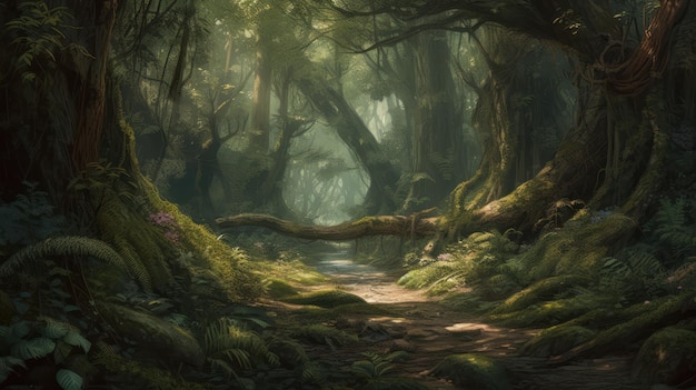 Uma floresta com um caminho que tem um tronco de árvore e uma placa que diz 'floresta'