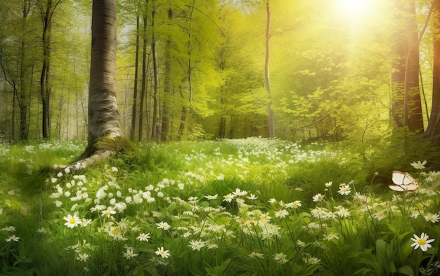 Uma floresta com um campo de flores brancas em primeiro plano e uma árvore ao fundo.