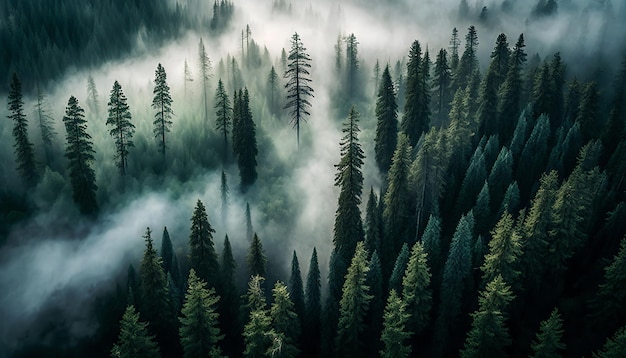 Uma floresta com um fundo nebuloso e uma árvore em primeiro plano.