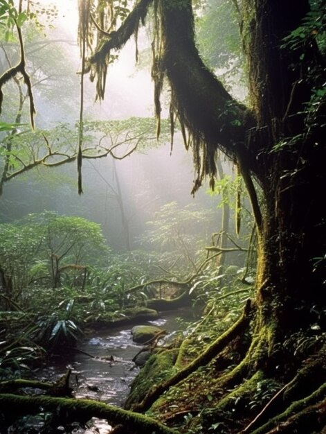 Uma floresta com um riacho e uma árvore com musgo