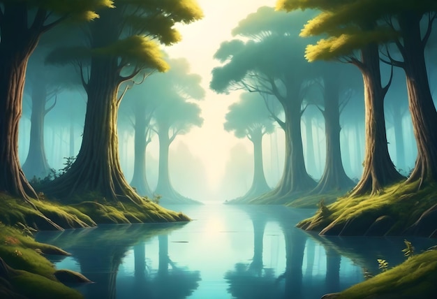 uma floresta com um rio e árvores com o sol a brilhar através delas