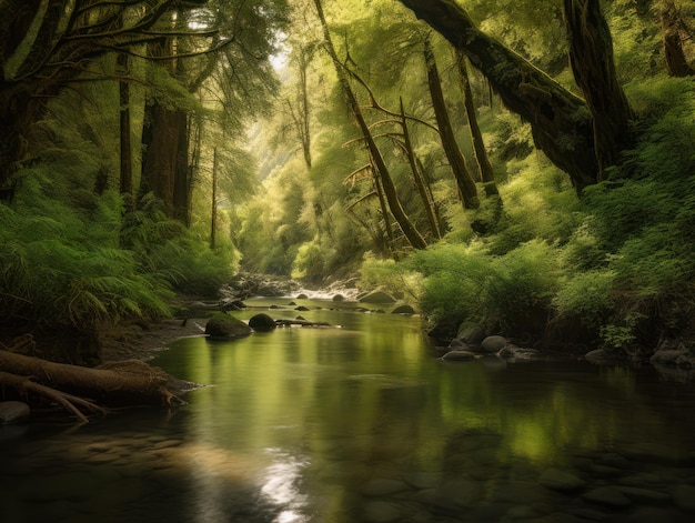 Uma floresta com um rio e árvores