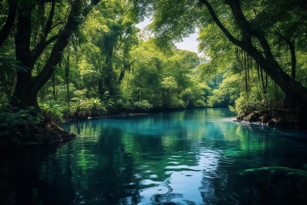 Uma floresta com um rio que tem uma água verde.