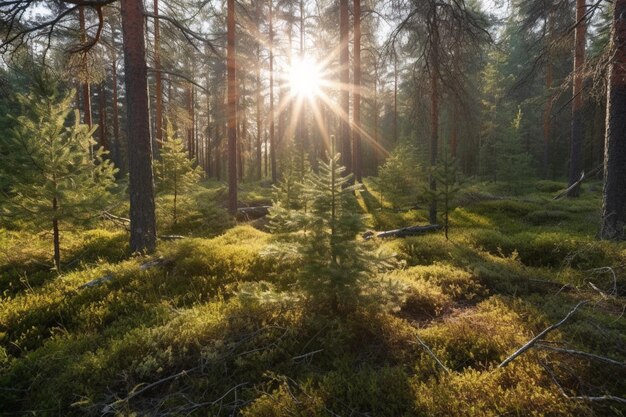 Uma floresta com um sol ao fundo