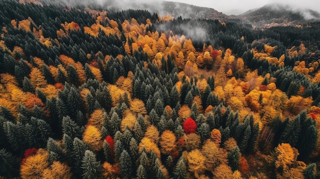 Uma floresta com uma árvore vermelha no meio