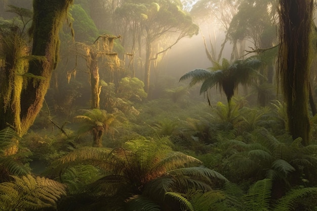 Uma floresta com uma cena de floresta pela manhã.