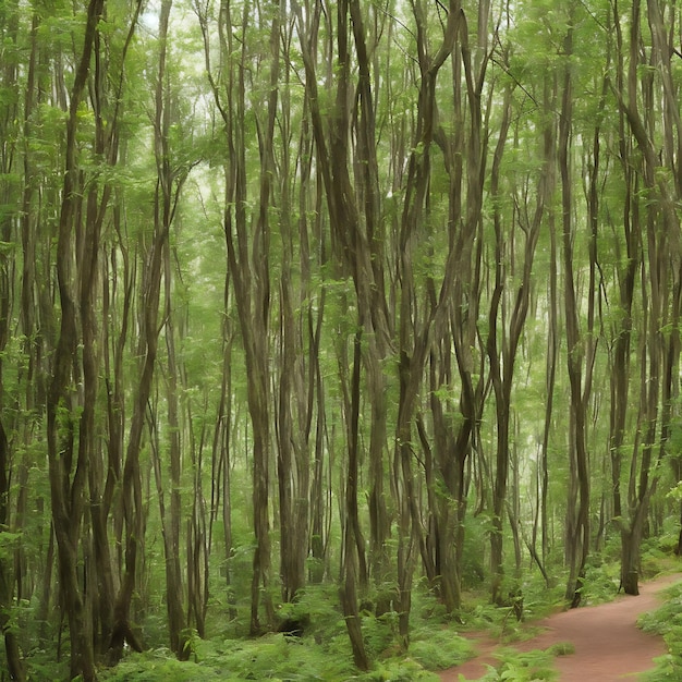 Uma floresta com uma estrada de terra e um caminho de terra com árvores e uma estrada de terra.