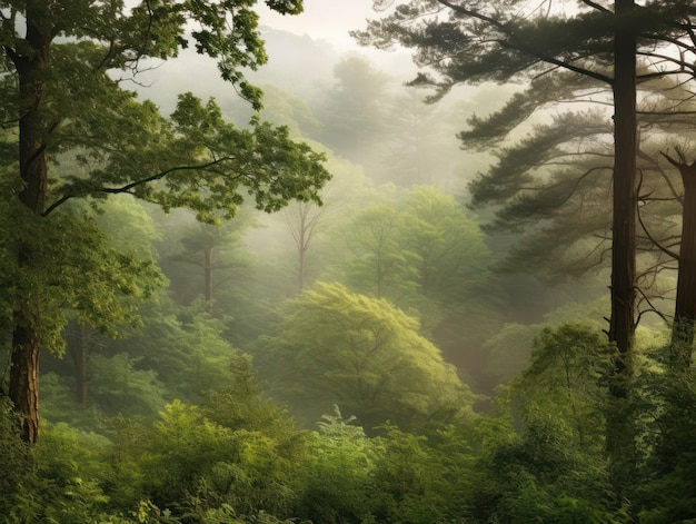 Uma floresta com uma floresta e uma árvore em primeiro plano