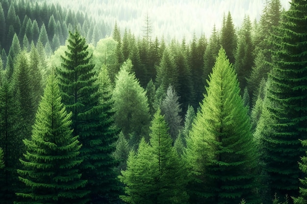 Uma floresta com uma floresta verde e um fundo nebuloso.