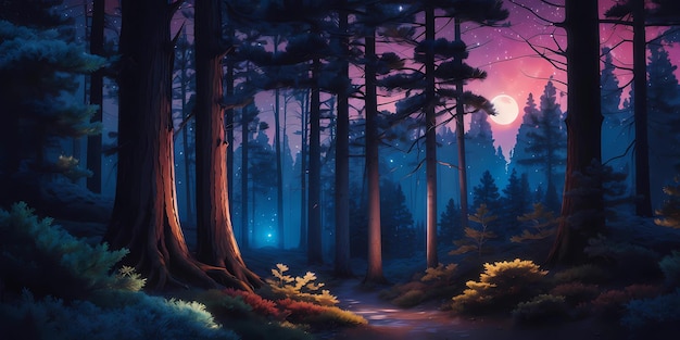 Uma floresta com uma lua no céu