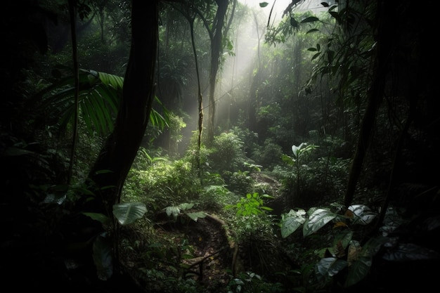 Uma floresta com uma luz brilhando por entre as árvores