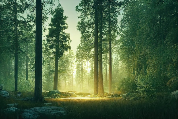 Uma floresta com uma luz no céu