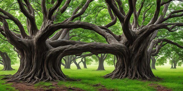 Uma floresta com uma ponte entre os galhos