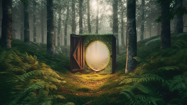 Uma floresta com uma porta que diz 'the door'