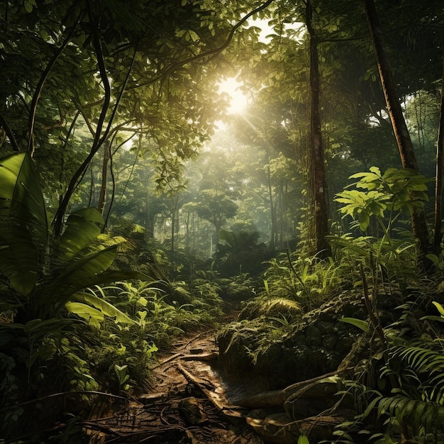 Uma floresta com uma trilha no meio