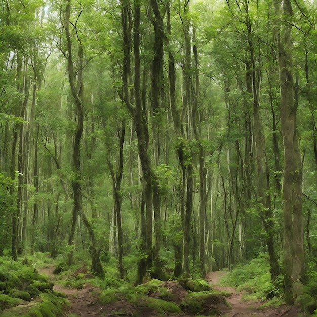 Uma floresta com uma trilha que tem muitas árvores e uma trilha.