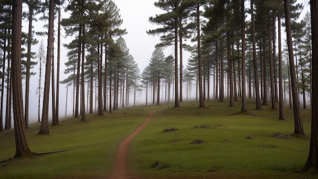 uma floresta com uma trilha que tem uma trilha nela