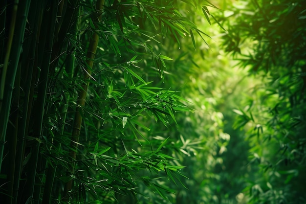 Uma floresta de altas árvores de bambu verde com a luz do sol brilhando através das folhas