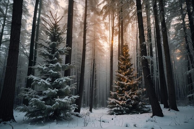 Foto uma floresta de árvores coberta de neve com uma árvore no fundo