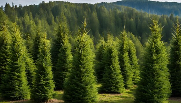 Foto uma floresta de árvores perenes com uma montanha ao fundo