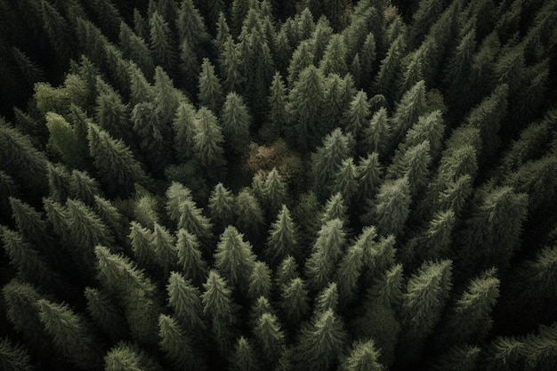 Uma floresta de árvores perenes é vista de cima.
