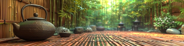 Uma floresta de bambu com uma chaleira de chá e alguns outros itens