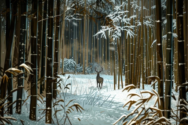 Uma floresta de bambu no inverno A neve cobre o chão E os blocos de gelo pendurados nos galhos