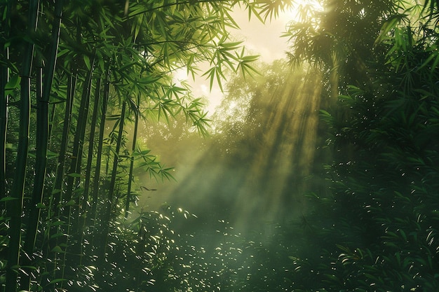 Uma floresta de bambu tranquila com a luz solar filtrada