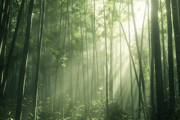 Uma floresta de bambu tranquila com a luz solar filtrada