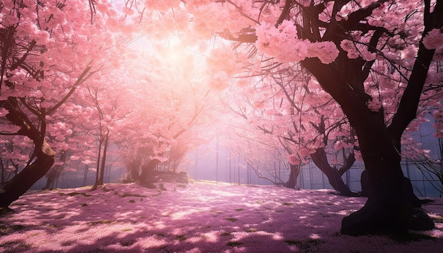 Uma floresta de cerejeiras cor-de-rosa