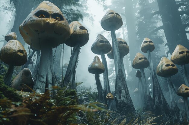 Uma floresta de cogumelos gigantes com rostos nos caules