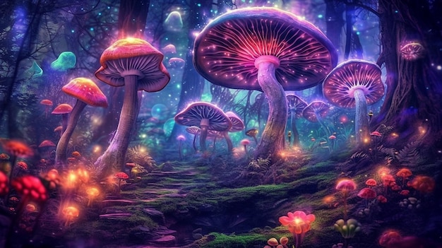 Uma floresta de cogumelos roxos com um cogumelo roxo no fundo.