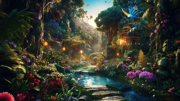 Uma floresta de fantasia com árvores brilhantes e flores luminescentes Generative ai