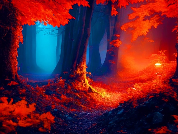 uma floresta de fantasia luminosa e mística laranja com cores intensas e luz e GNOMOS imagem hD