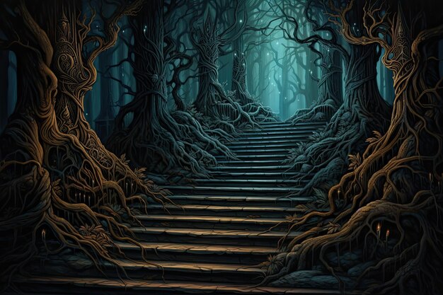 Uma floresta de fantasia na escada escura ilustração de design de fundo abstrato