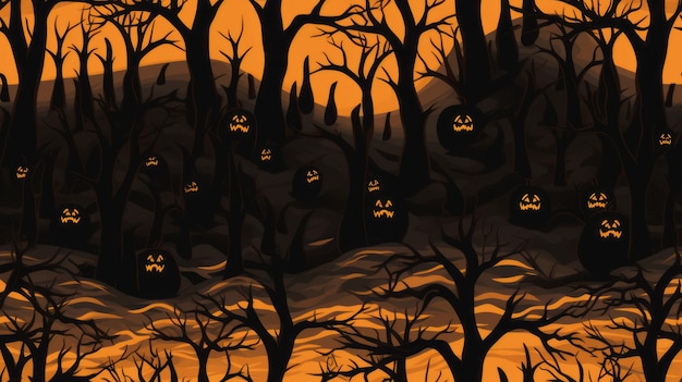 uma floresta de halloween com abóboras e árvores