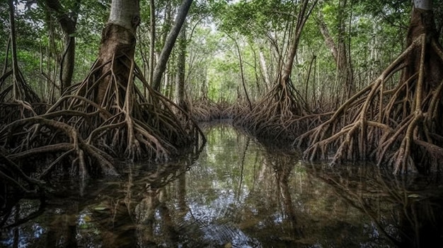 Uma floresta de mangue com árvores e raízes