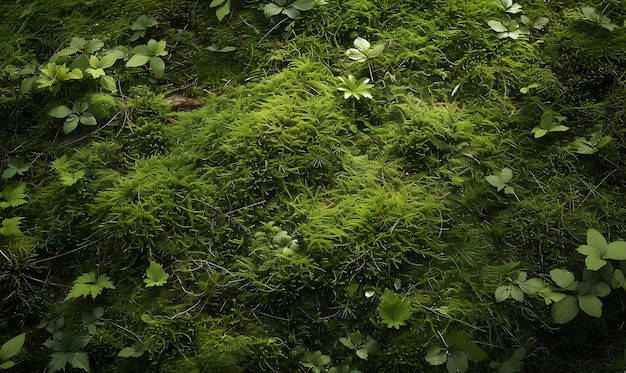 uma floresta de musgo verde com uma pequena flor branca no meio