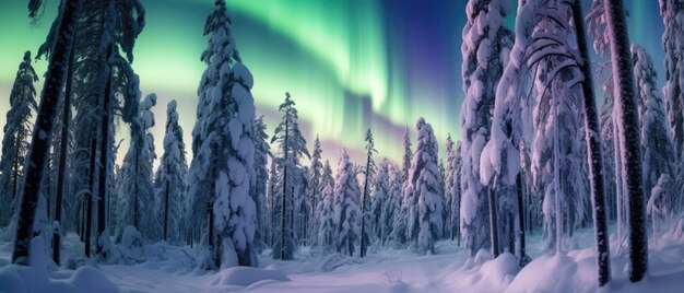 uma floresta de neve com árvores e luzes verdes