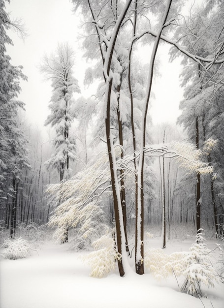 Uma floresta de neve com árvores e neve no chão