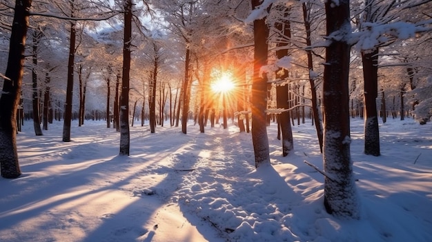 Uma floresta de neve com um sol brilhando por entre as árvores